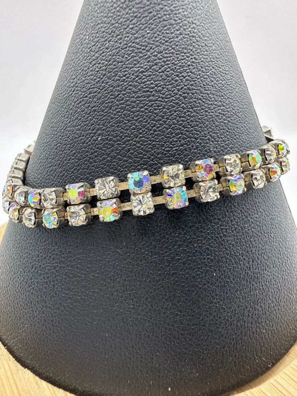 Vintage 50s Aurora Borealis Rhinestone Tennis Bracelet 2 Row Silver Tone